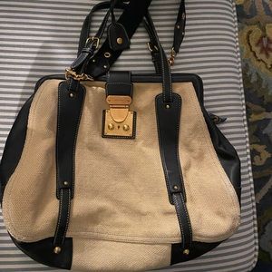 Authentic Prada Miu Miu Black and Tan leather and canvas handbag / crossbody